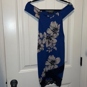Black/ blue floral body con formal dress